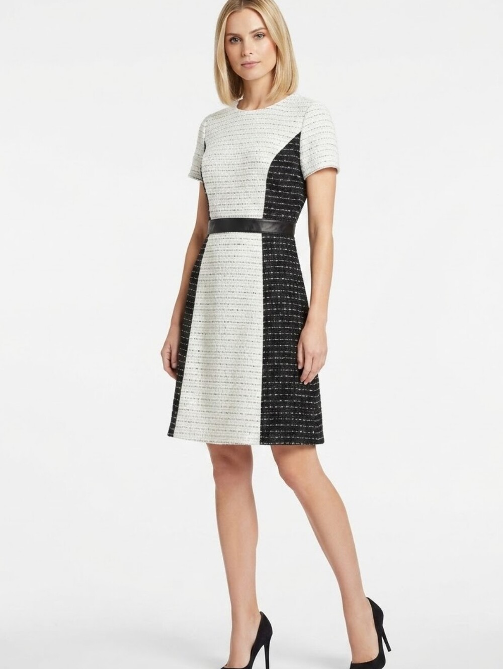 Karl Lagerfeld Paris Black & White Tweed Dress with Faux Leather Belt Size 4 NWT